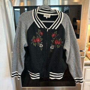 Black Swan Varsity Jacket Black and Heather Grey Floral Embroidery Large